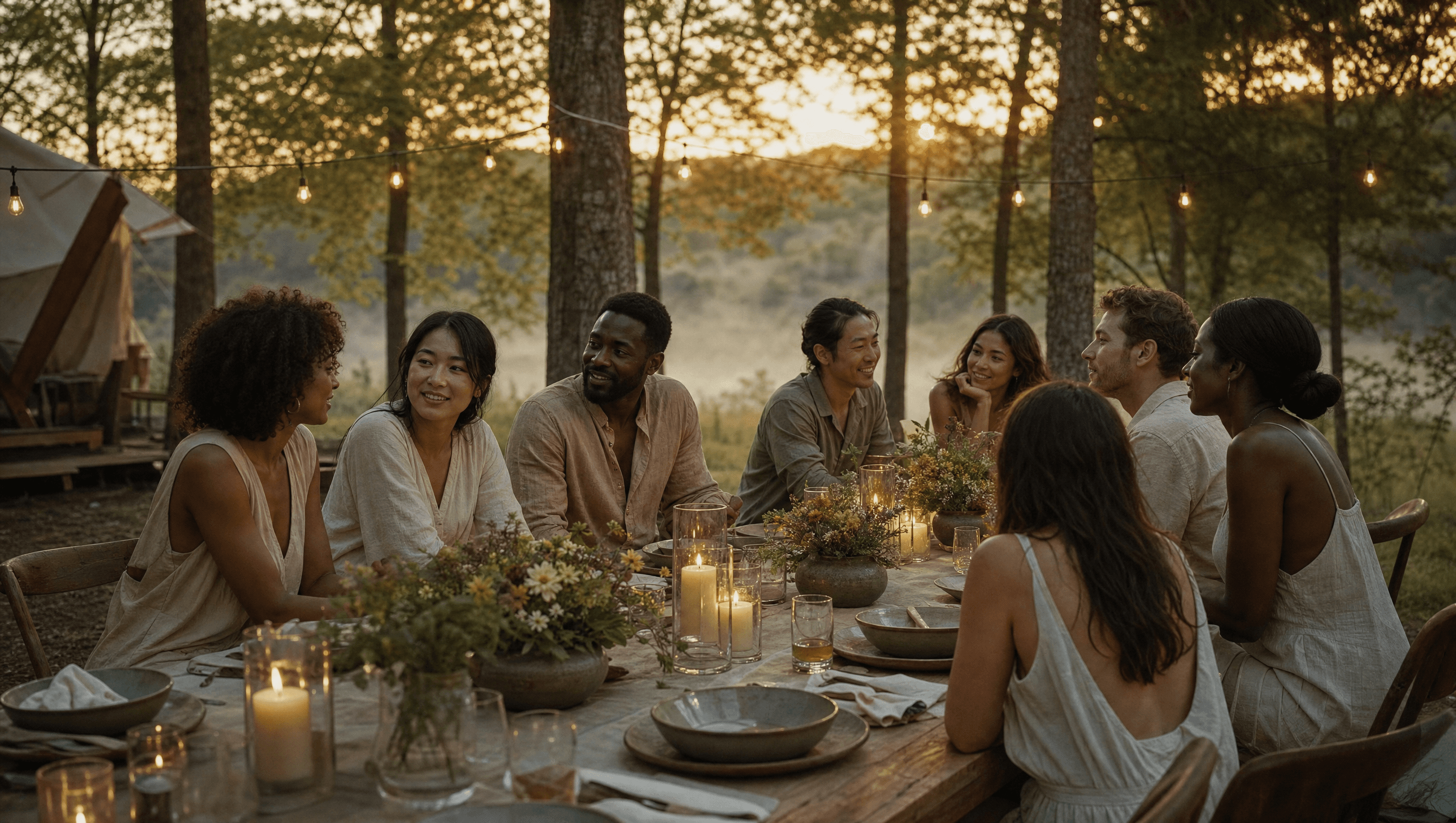 An intimate retreat dinner at Echo Valley at golden hour