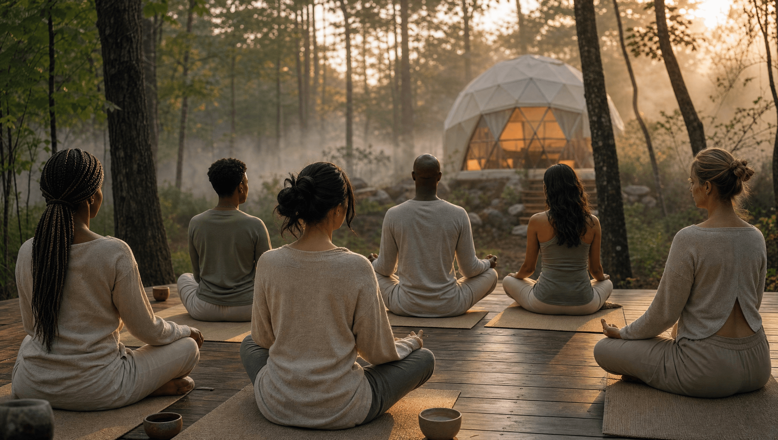 Dawn yoga on a cedar deck overlooking the misty Echo Valley forest